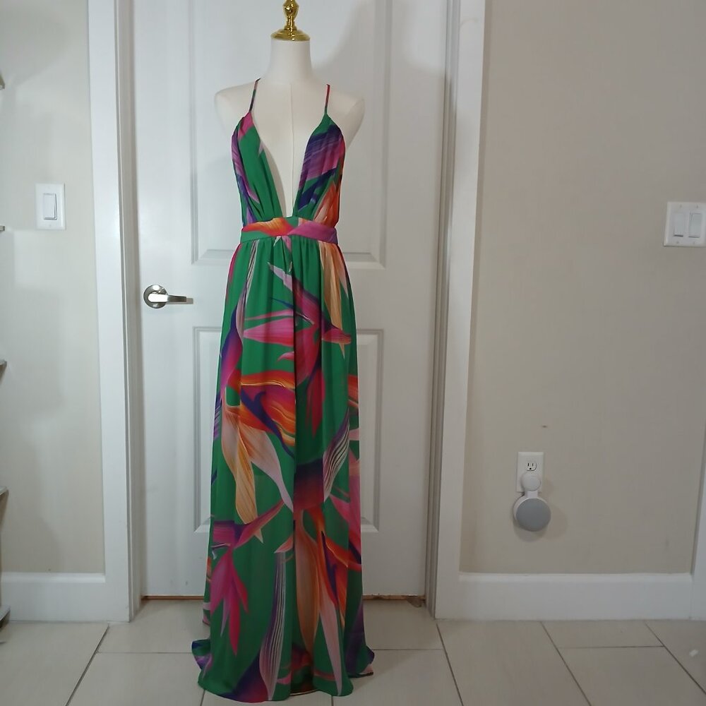 Shein Maxi Dress Women’s Size L Deep V Neck Backless Halter - Like New - Picture 2 of 8